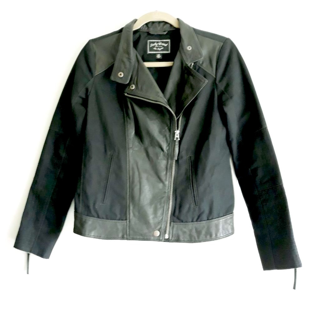 Lucky Brand Moto Jacket Sz XS Goat Leather Trim Grunge Goth Gothic Black Zip